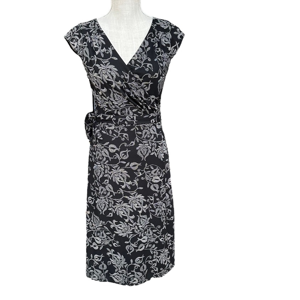 Loft Womens Black & Gray‎ Floral Print Wrap Midi Dress Size 2